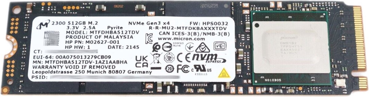 Micron 512GB M.2 PCIe NVMe GEN3 X4 SSD (Micron 2300) MMN: MTFDHBA512TDV HP( P/N: M026271-001 )