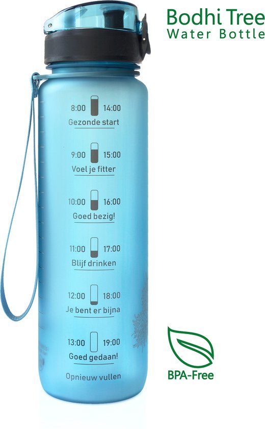 Bodhi Tree® Gourde motivation 1l - Gourdes de motivation pour adultes - Bouteille d'eau avec marqueurs de temps Néerlandais - Étanche - Anti Fuite - Sans BPA - Filtre à fruits - Water Bottle 1 litre - Bleu