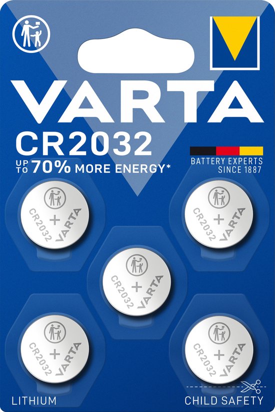 Varta CR 2032 lithium knoopcelbatterijen, 3 Volt. Verpakking met 5 stuks, plus 1 witte uitsparing. Blauw met logo en teksten.