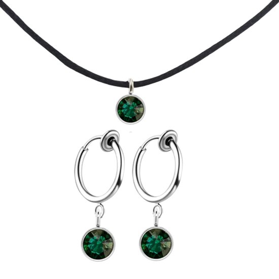 2-Delige set- Arcen- Groen- ketting- klem oorbellen- geen gaatje- zilverkleur- Charme Bijoux