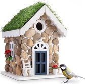 Nestkast in stenen huisstijl, decoratief hangend vogelhuisje met echte stenen, mezenkast met een ingangsdiameter van 30 mm, nesthulp vogelhuisje voor tuin, balkon, terras.