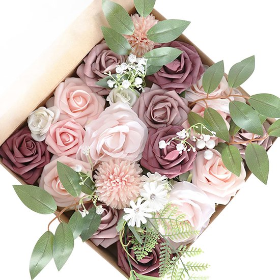 Kunstbloemen, neprozencombinatie DIY voor bloemstukken, boeketten, bruiloftdecoratie, huisdecoratie (bonenpasta roze)