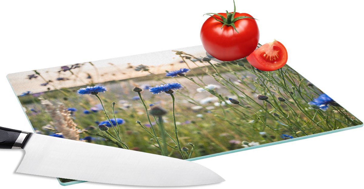 Glazen Snijplank - 28x20 - Bloemen - Zomer - Korenbloem - Blauw - Zon - Wolken - Snijplanken Glas