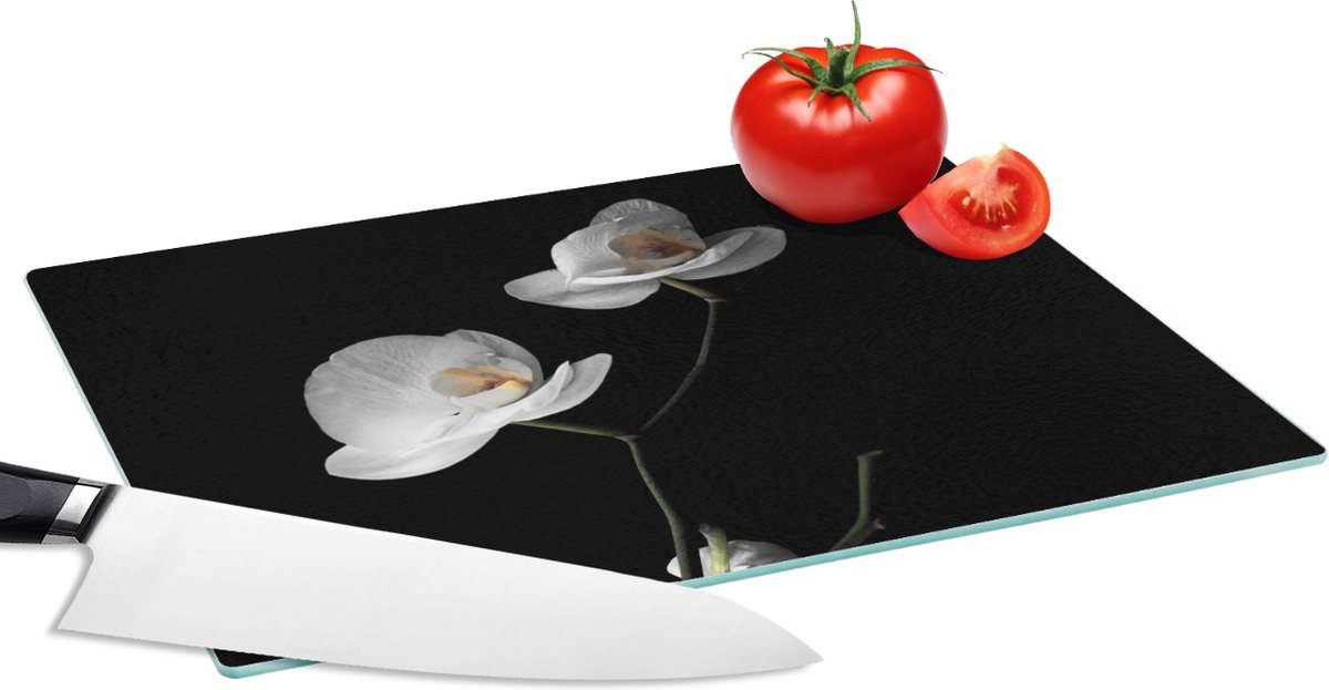 Glazen Snijplank - 28x20 - Orchidee - Bloemen - Zwart - Wit - Stilleven - Snijplanken Glas