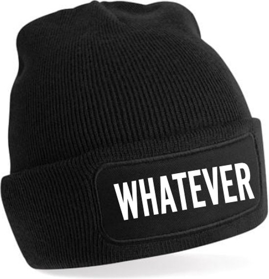 WHATEVER muts - Zwart (witte tekst) - Beanie - One Size - Uniseks - Grappige tekst - Wintersport - Aprés ski muts - ik wil zomer - Cadeau -