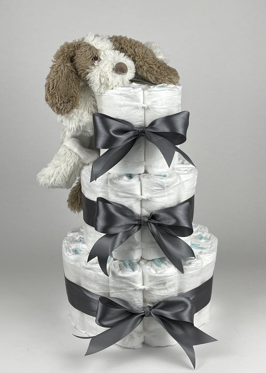 Goedkoopste Chouette-Chouette | Luiertaart Neutraal | Kraamcadeau | Geboorte Jongen Meisje | Babyshower | Tuttle Hond David donker Grijs