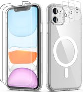 Podec Magsafe Hoesje Geschikt voor iPhone 11 - Met 3x Screenprotector + 3x Cameraprotector - Magnetisch met Ring Doorzichtig - Telefoonhoesje Transparant Case