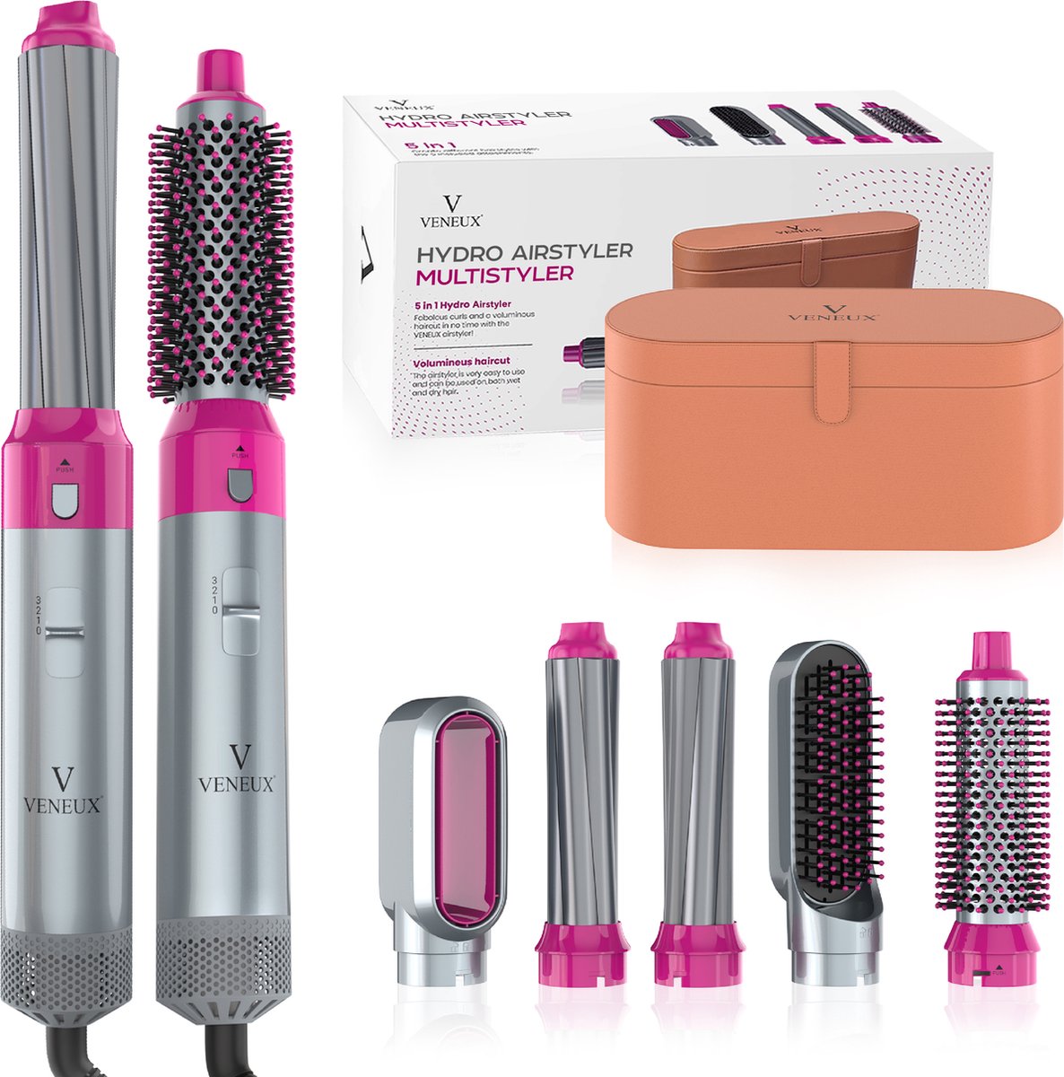 VENEUX® Föhnborstel - Airstyler - Krulborstel - Warmteborstel - 5 in 1 Multistyler - Met Opbergcase - Grijs