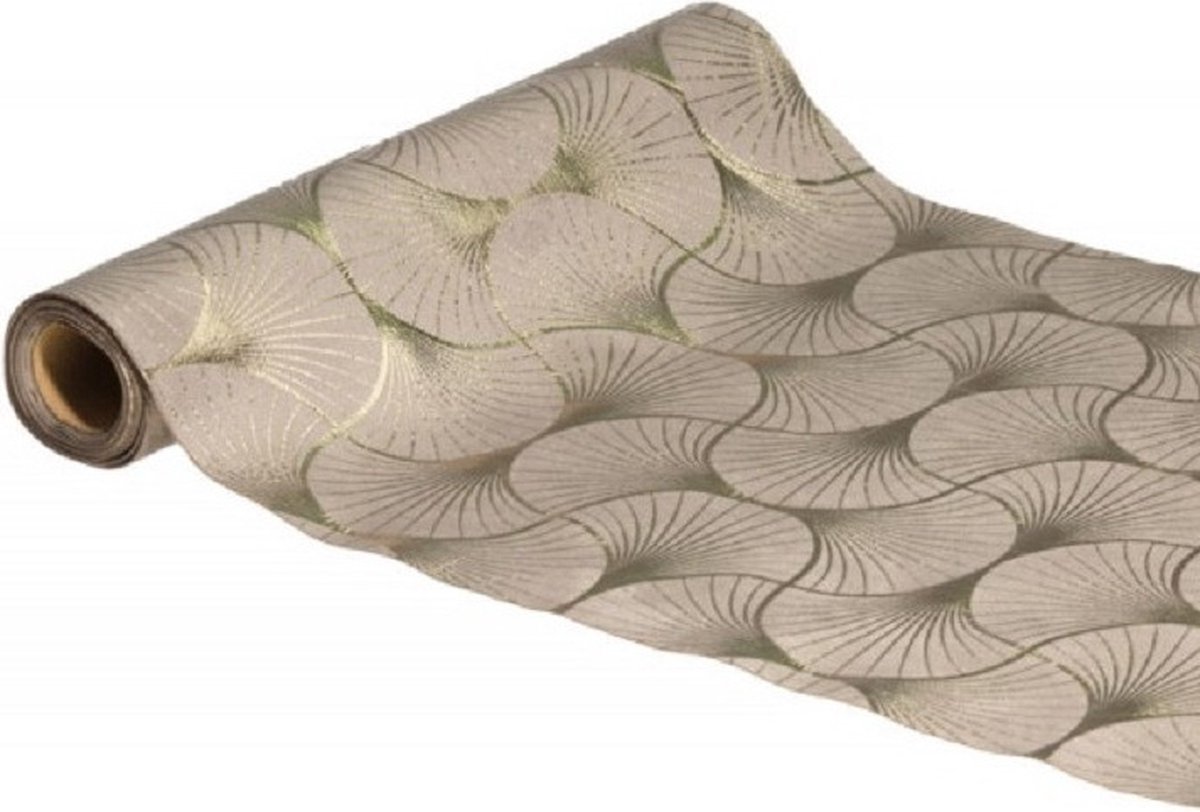 Chaks Tafelloper op rol - ginkgo print - beige/champagne - 28 x 300 cm - polyester