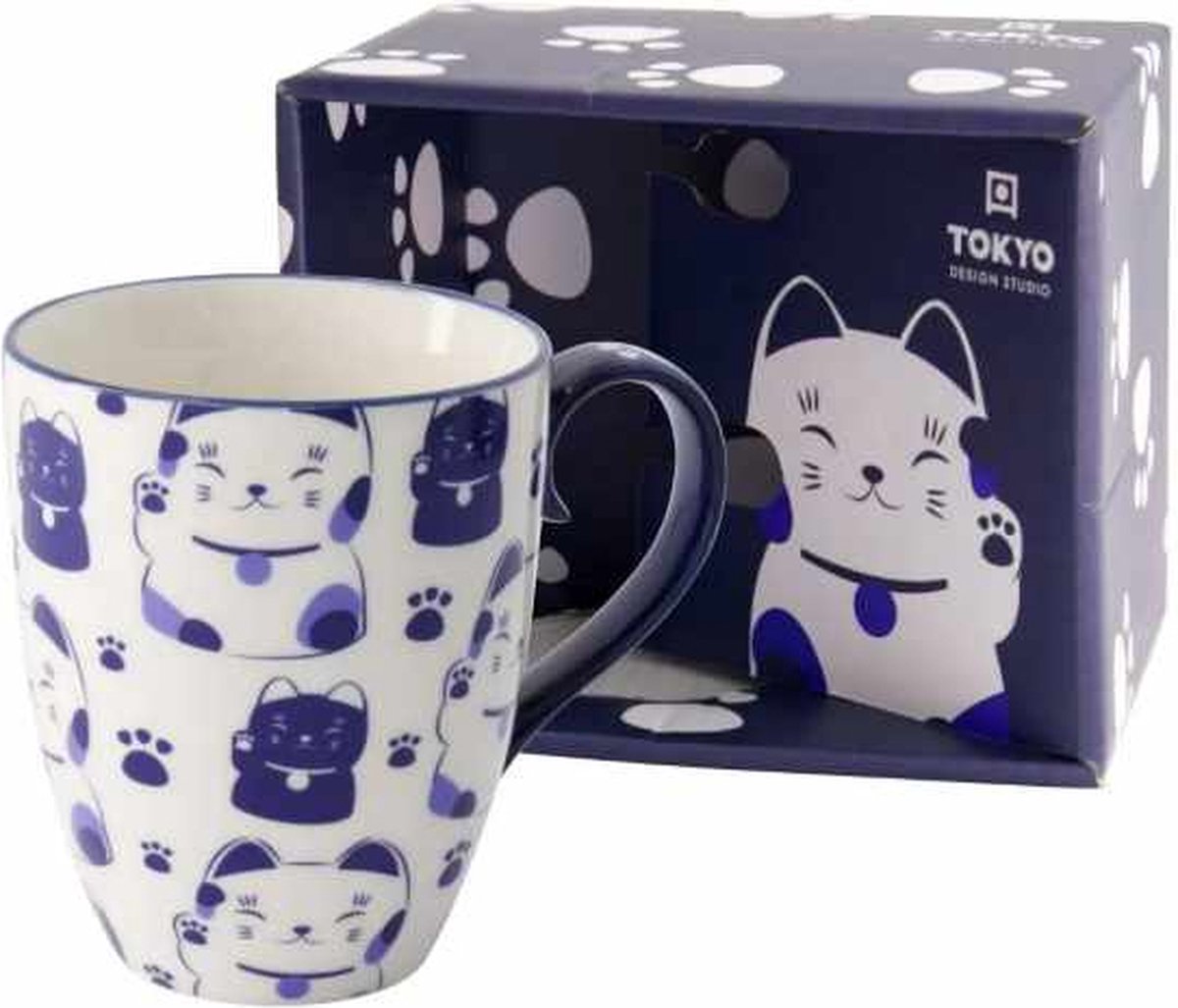 Tokyo Design Studio – Kawaii Maneko Mok – Blauw/Zwart – 340 ml – Geschenkdoos