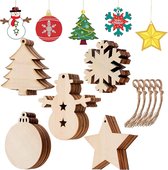 50 STKS Houten Kerst Ornamenten, Onafgewerkte Hout Kerst Decoraties DIY Xmas Geschenken Kerstvakantie Opknoping Decoraties, Kerstboom, houten ster, ronde schijf, sneeuwvlok, sneeuwpop