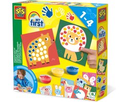 SES Creative - My First – Kunstwerk Stippen met Vingerverf - 3 kleuren vingerverf - 10 kleurplaten met dieren – Glutenvrije verf - makkelijk uitwasbaar – vanaf 1 jaar