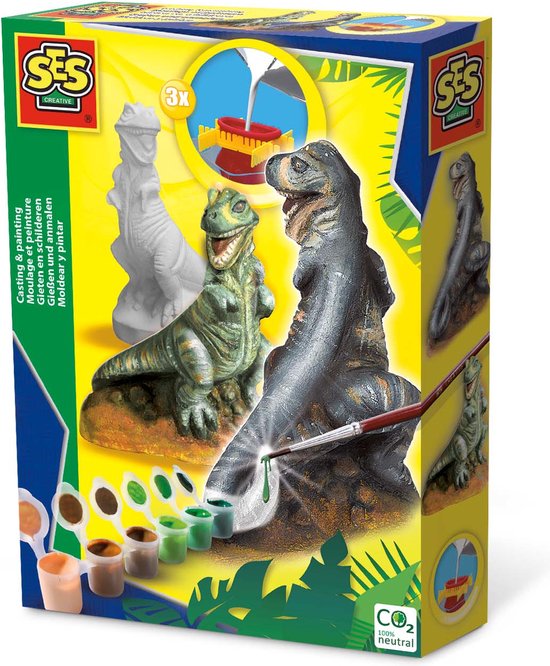 SES - Gieten en schilderen - T-rex dino - sneldrogend - met gietmal, houder, gips, verf en penseel - SES