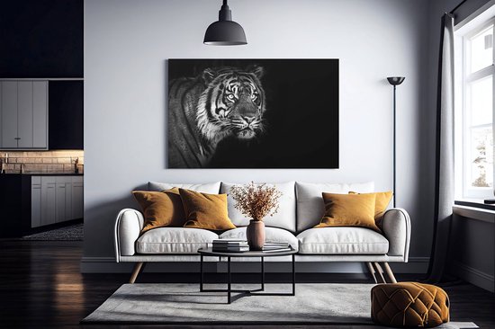 Canvas Schilderij Dieren - Tiger - Grijs - Dieren - Schilderijen Op Canvas - Wanddecoratie - 90x60x2 cm