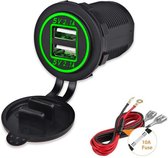 12V USB Autolader 2 Poorten Inbouw met Aansluitkabel - 5V/2.1A - USB Stopcontact Auto, Boot en Camper - Groen