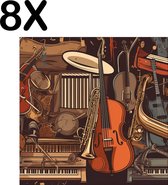 BWK Textiele Placemat - Getekende Muziek Instrumenten - Set van 8 Placemats - 50x50 cm - Polyester Stof - Afneembaar