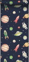 ESTAhome papier peint planètes dans l'espace bleu foncé, vert et rouge - 139347 - 50 x 900 cm