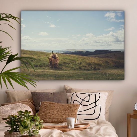 Peinture sur toile Highlanders écossais - Herbe - Nuages ​​- Animaux - 140x90 cm - Décoration murale