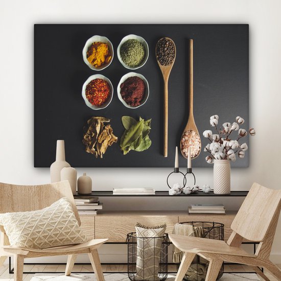 Peinture sur toile Louche - Épices - Herbes - Vert - Marron - Rustique - 140x90 cm - Décoration murale