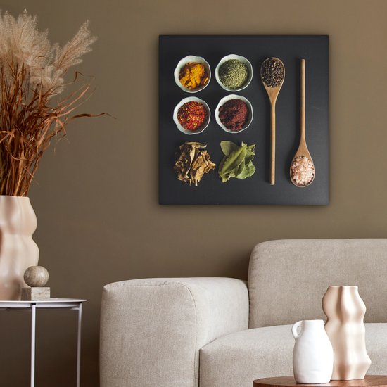 Peinture sur Toile Louche - Épices - Herbes - Vert - Marron - Rustique - 50x50 cm - Décoration murale