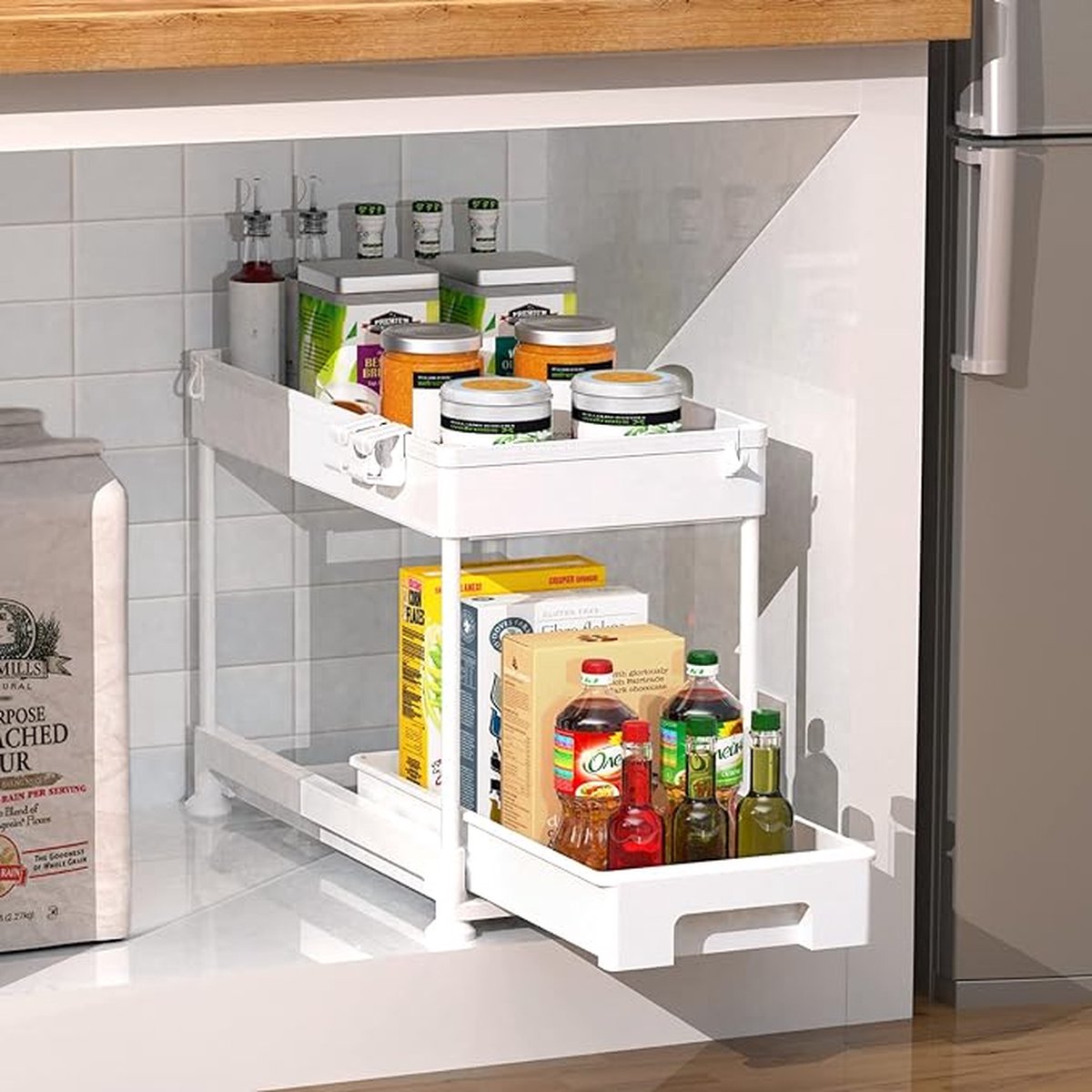 Gootsteenkast organizer staal, 2 niveaus onder de gootsteen plank met