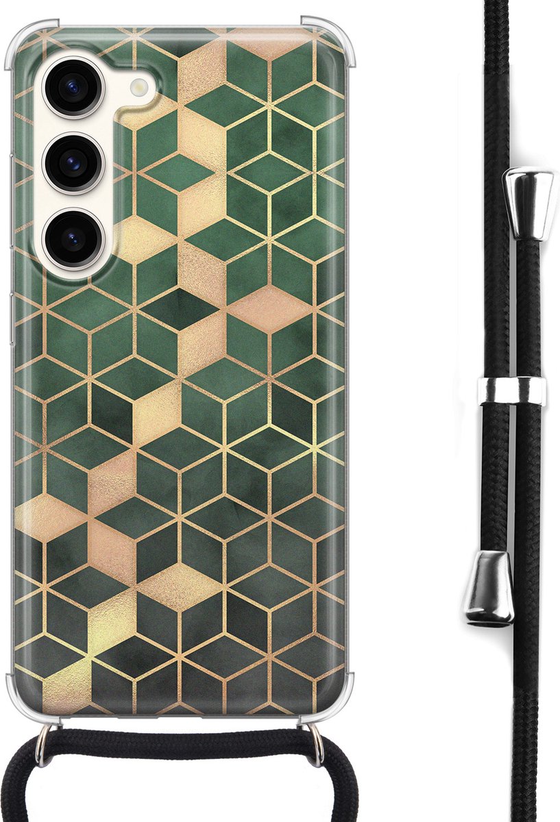 Samsung Galaxy S23 hoesje met koord - Groen kubus - Siliconen Case - Shock proof - Zwart koord - Crossbody - Back Cover - Transparant, Groen