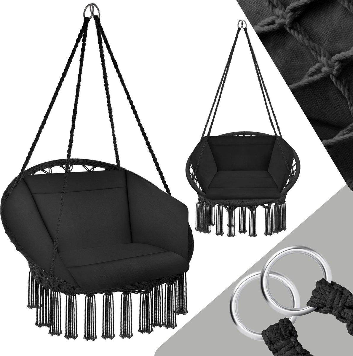 tectake® - hangstoel met kussen, geschikt voor slaapkamer decoratie binnenshuis, als schommelstoel of buitengebruik als tuinmeubel, balkonmeubel en rotanstoel, ondersteunt 150 kg - zwart