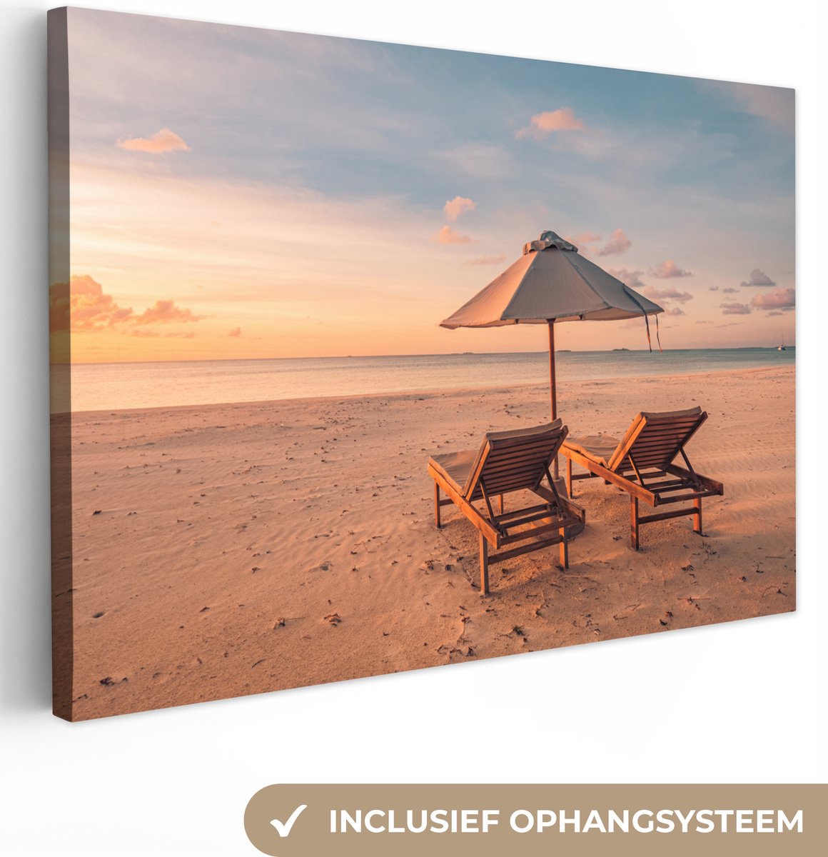 Canvas schilderij 30x20 cm - Wanddecoratie Strand - Ligbed - Parasol - Muurdecoratie woonk