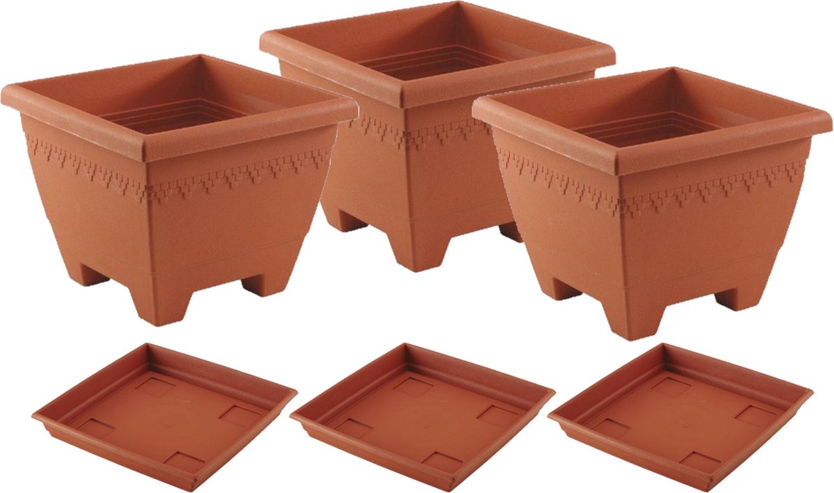 3x stuks vierkante plantenbakken/potten 30 x 30 x 23 cm terra cotta kleur met opvangschaal van 27 cm - Kunststof - Buiten gebruik
