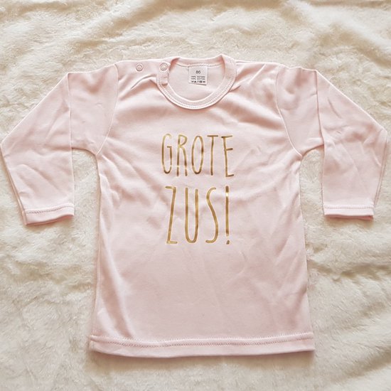 baby shirt met tekst meisje grote zus tekst cadeau aanstaande zwangerschap aankondigen bekendmaken opa en oma oom tante big / little sister roze lange mouw maat 74