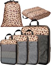Compressieverpakkingskubus voor op reis, 6 stuks, uitbreidbare kofferorganizer met gaaspaneel, kofferorganizer met schoenentas en kledingtas, geel, luipaardprint