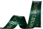 Kerst Lint 25mm (2,5cm) | Luxe Klassiek Satijnlint | Merry Christmas Hart - It's a Time for Love Donker Groen Goud Kerstlint | Jager Groen (593) Goudfolie | Stijlvol Kerstlint Goudfolie | Cadeaulint | Decoratielint | Rol: 10 Meter