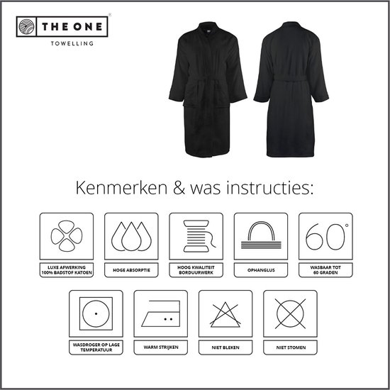 Zwarte badjas met ceintuur, logo, luxe afwerking en wasinstructies.