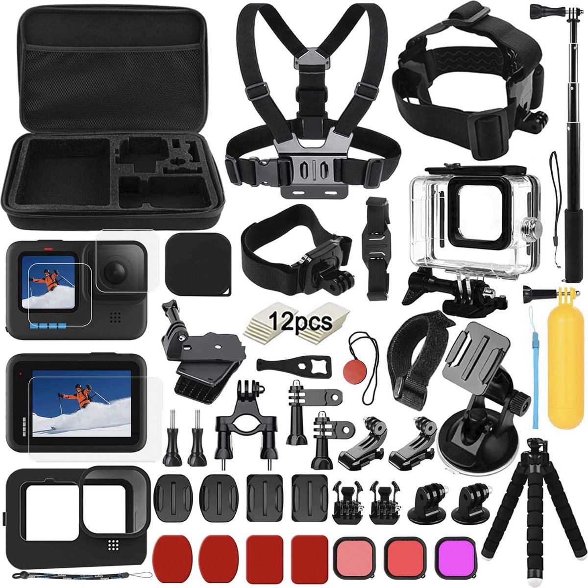 MY PROTECT – Accessoireset Geschikt voor GoPro Hero 12/11/10/9 Met Waterdichte Behuizing & Filters – Gopro Accessoires – Action Cam – Zwart