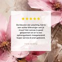 Klantenreview met vier sterren: "De kleuren zijn prachtig, het is een echte blikvanger aan je muur! Het canvas is goed gespannen en er is een ophangsysteem meegeleverd! Super service & snel geleverd."