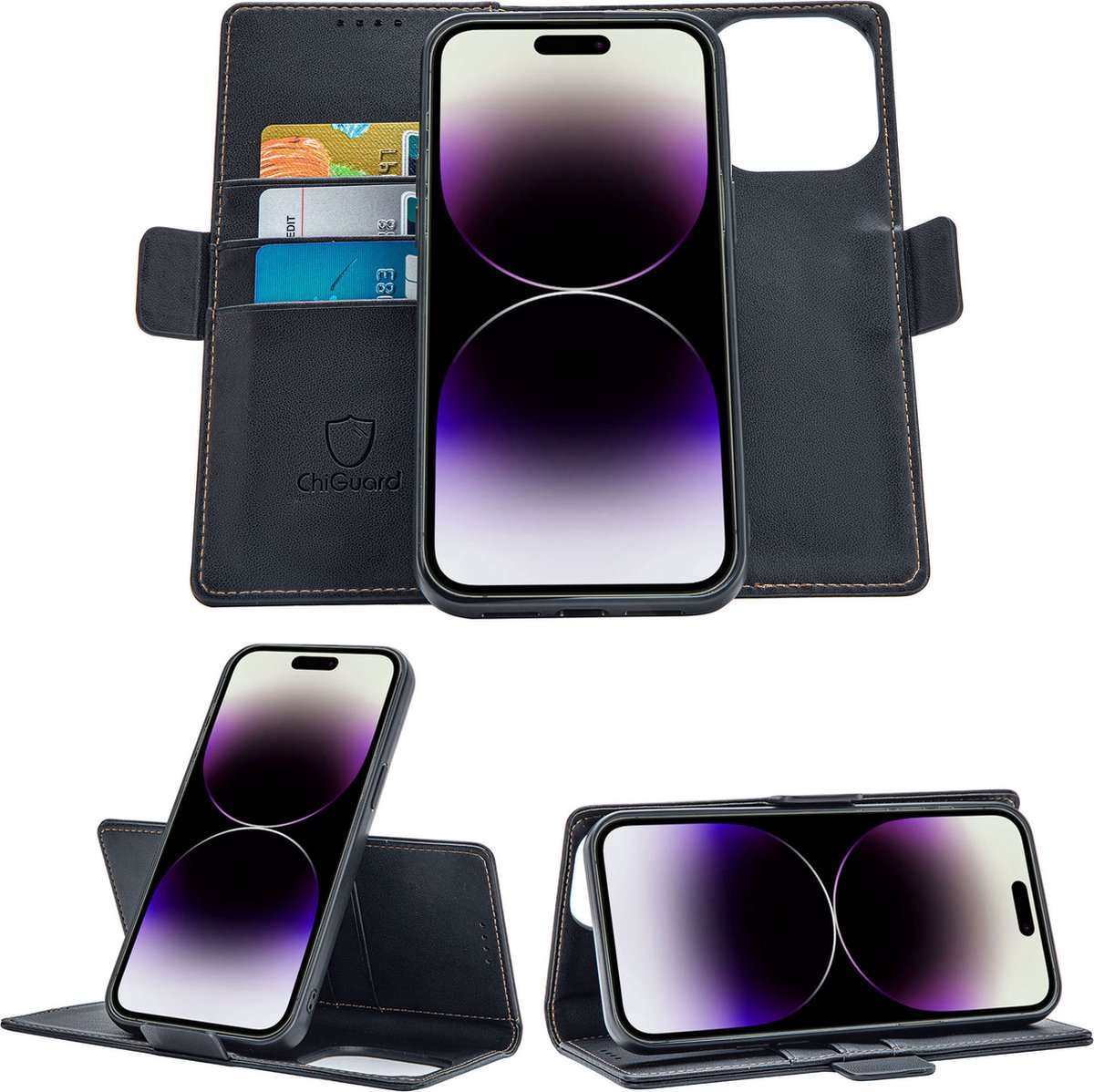 Geschikt voor iPhone 14 Pro Max Book Case Hoesje - Uitneembaar Hoesje - Magnetische Sluiting - Portemonnee Rustic Zwart