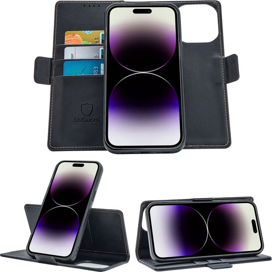 Étui portefeuille noir pour iPhone 14 Pro Max, en position verticale, horizontale et avec étui amovible.