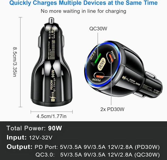 ChargeMore Autolader – Snellader voor Samsung en iPhone – Zwart + LED - ChargeMore