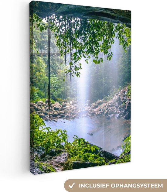 Canvas Schilderij Jungle - Regenwoud - Water - Waterval - Planten - Wanddecoratie