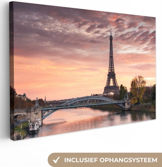 Canvas Schilderij Parijs - Eiffeltoren - Brug - 120x80 cm - Wanddecoratie