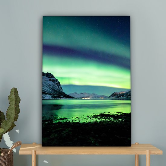 Canvas schilderij - Noorderlicht meer 60x90 - Aurora kamer decoratie accessoires - Schilderijen landschappen woonkamer - Wanddecoratie slaapkamer - Muurdecoratie keuken - Wanddoek interieur binnen - Northern lights woondecoratie huis
