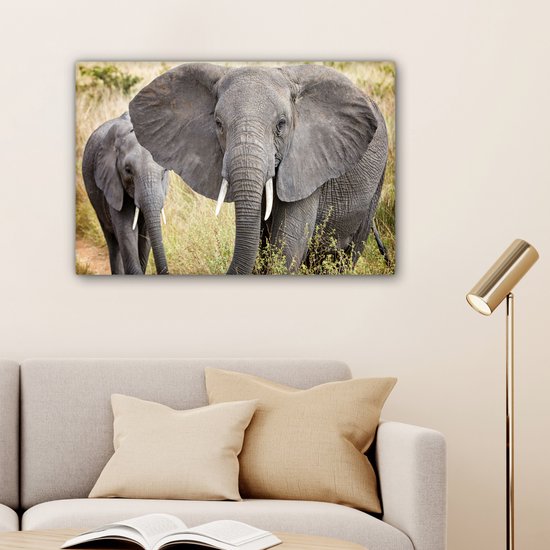 Canvas schilderij 180x120 cm - Wanddecoratie Olifant - Dieren - Gras - Natuur - Muurdecoratie woonkamer - Slaapkamer decoratie - Kamer accessoires - Schilderijen op canvas