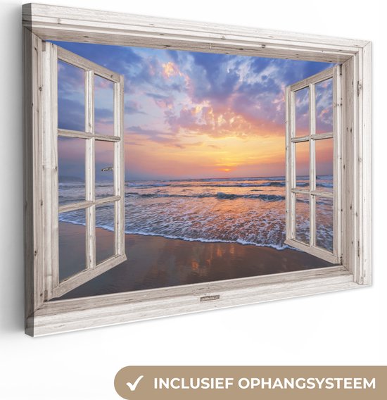 Doorkijk schilderij - Zonsondergang - Zee - Strand - Branding - Wolken - Canvas doorkijk - Wanddecoratie - 90x60 cm
