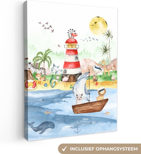 Canvas - Kinderkamer - Kind - Vuurtoren - Strand - Zee - Dieren - Boot - Canvas schilderij - Canvas doek - 90x120 cm