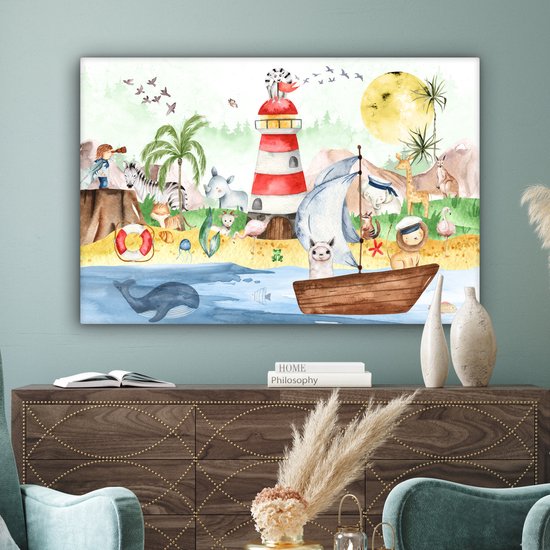 Toile - Chambre d'enfant - Enfant - Phare - Plage - Mer - Animaux - Bateau - Peinture sur toile - Toile canvas - 120x80 cm
