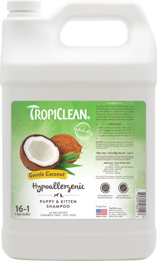 Grote gallonfles TropiClean Gentle Coconut Hypoallergenic Puppy & Kitten Shampoo.