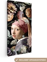 Toile de Oude Meesters - 40x80 - Peinture sur toile - Fille avec une boucle d'oreille en perle - Fleurs - Vermeer