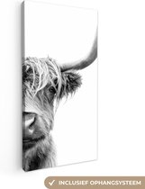 Schotse hooglander - Dieren - Zwart - Wit - Canvas - 40x80 cm - Wanddecoratie