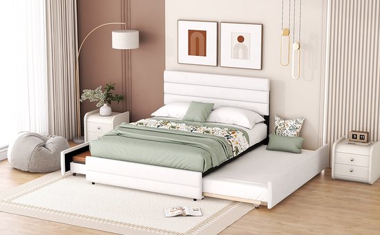 Merax Lit double 140 x 200 - Cadre de lit avec 2 tiroirs et lit gigogne supplémentaire 90 x 190 - Wit