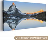 Canvas Schilderij Matterhorn weerspiegeld bij de Riffelsee bij zonsopgang in Zwitserland - 40x20 cm - Wanddecoratie